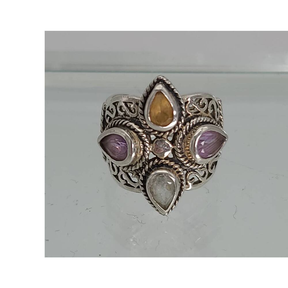 Vintage 925 Sterling Silver Colorful Glass Crystals Stunning Filigree Ring Sz 7 - Picture 4 of 9